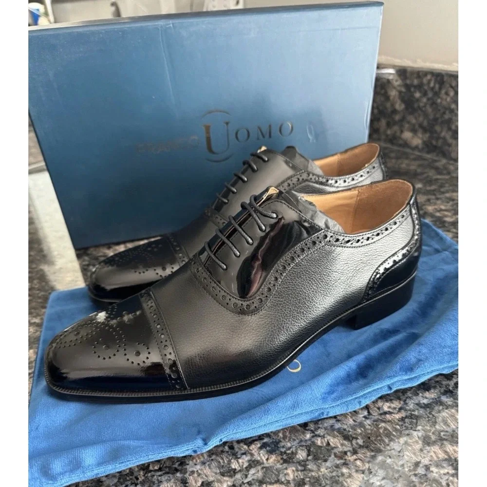 Franco Uomo Mens Ike Black Leather Brogue Oxford Dress Shoes PE388-B558 Size 8